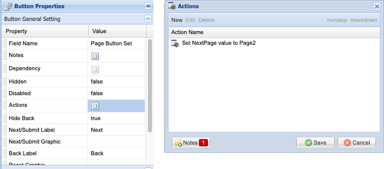 Page Button Set Actions with an Update Values action that sets NextPage