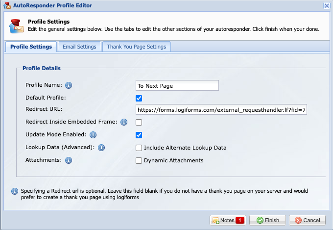 AutoResponder profile with the Redirect URL and Update Mode Enabled checked