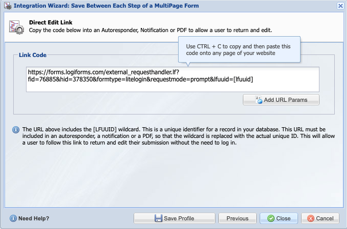 Integration Wizard showing the Direct Edit Link code
