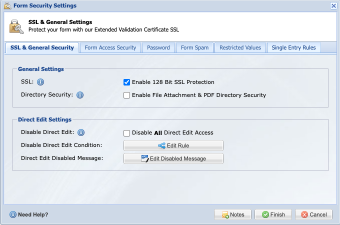Form Security Settings with the Direct Edit Settings