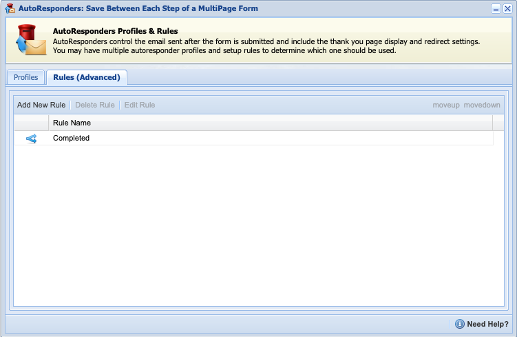 AutoResponder Rules tab with the Completed rule