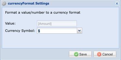 currencyFormat Settings window with the Currency Symbol set to $