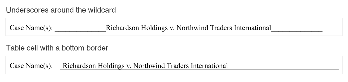 Underscores split around the value; a cell bottom border draws one line under it