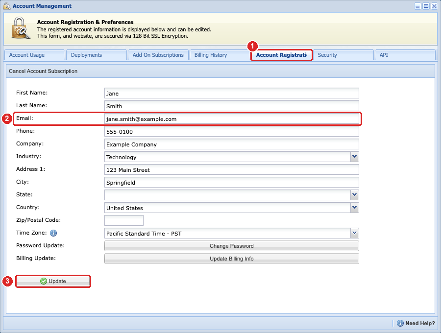 Account Registration tab with the Email field and the Update button highlighted