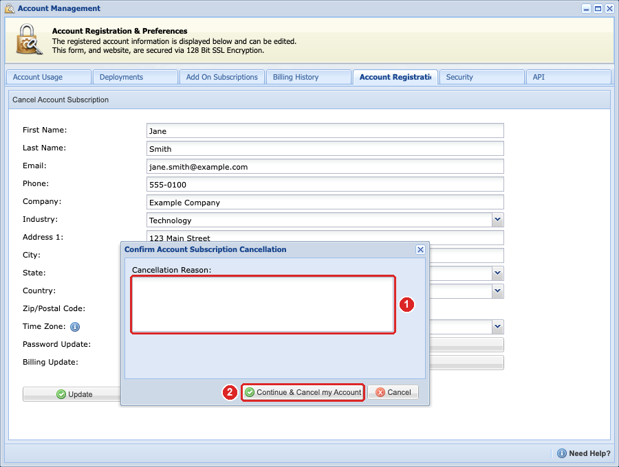Confirm Account Subscription Cancellation window with the Cancellation Reason box and the Continue & Cancel my Account button