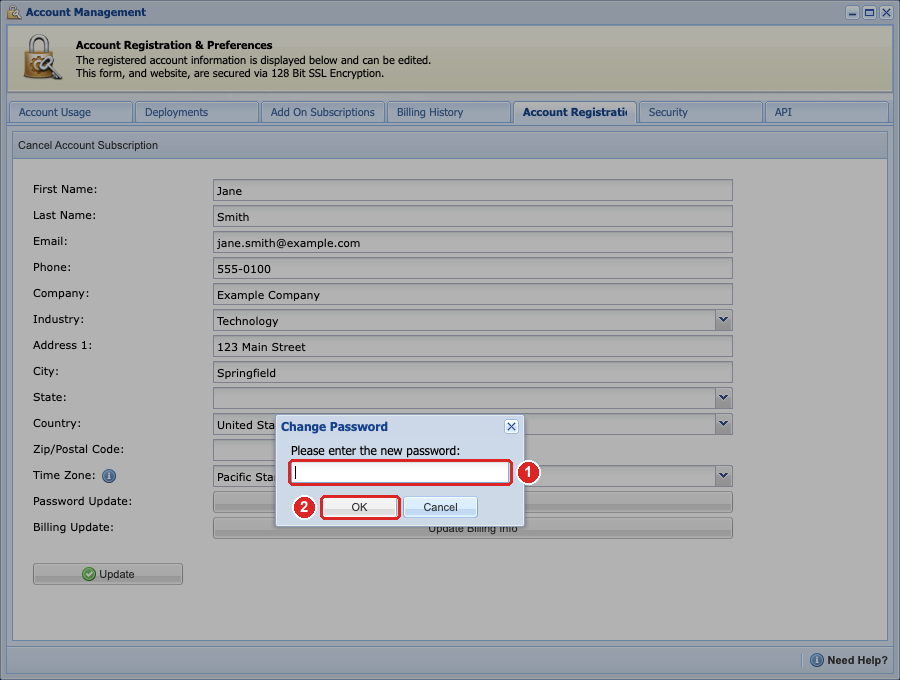 Change Password window with the new password box and the OK button