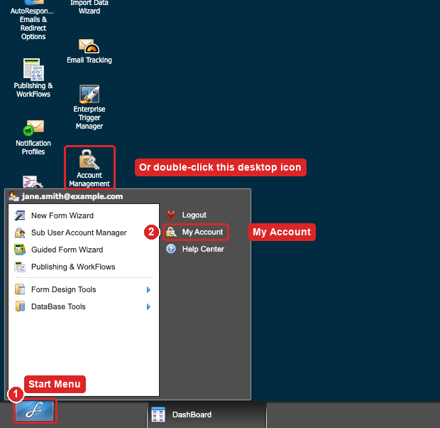 Start Menu button in the bottom-left corner, with My Account in the menu and the Account Management desktop icon