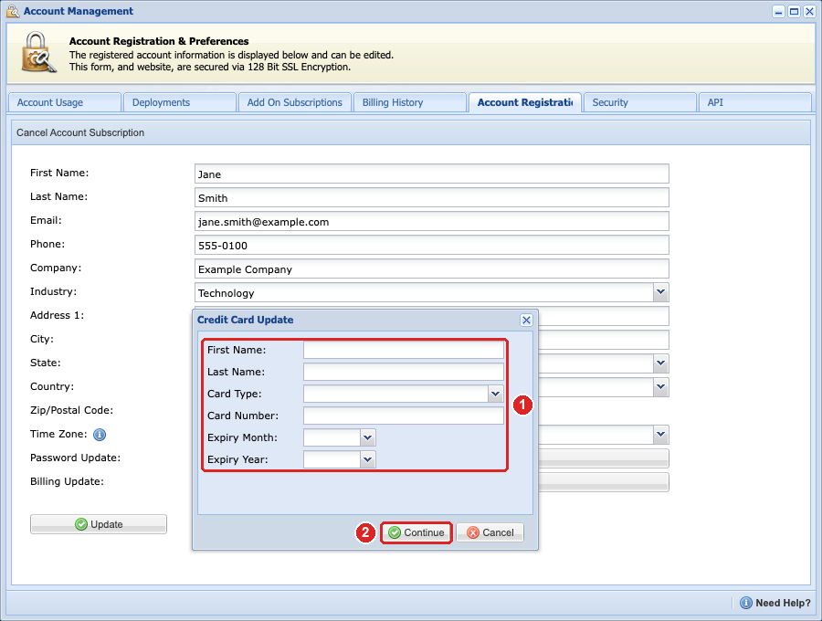 Credit Card Update window with the card fields and the Continue button