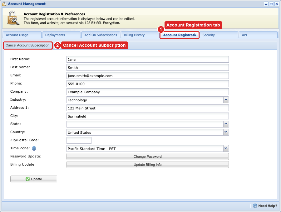 Account Registration tab with the Cancel Account Subscription button highlighted