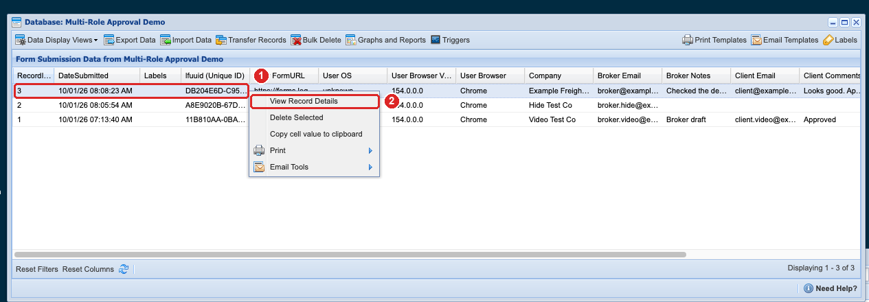 Database Browser with a record right-clicked and View Record Details highlighted