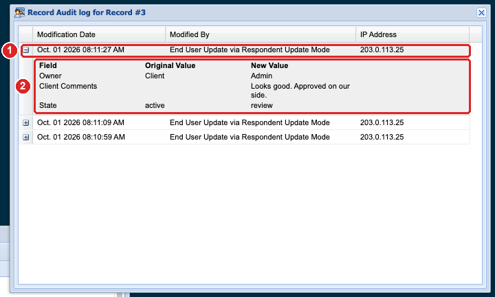 Expanded audit log row showing Field, Original Value, and New Value