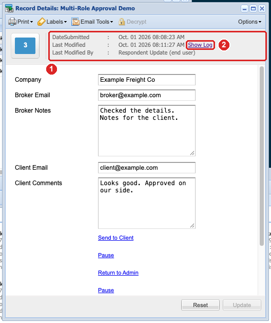 Record Details window with the summary and the Show Log link highlighted