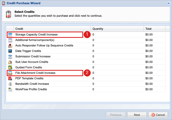 Credit Purchase Wizard with Storage Capacity Credit Increase (1) and File Attachment Credit Increase (2) marked